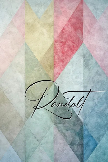 Geometric pastel pattern with diagonal lines and faded colors, featuring elegant script text "Randolt" overlay.