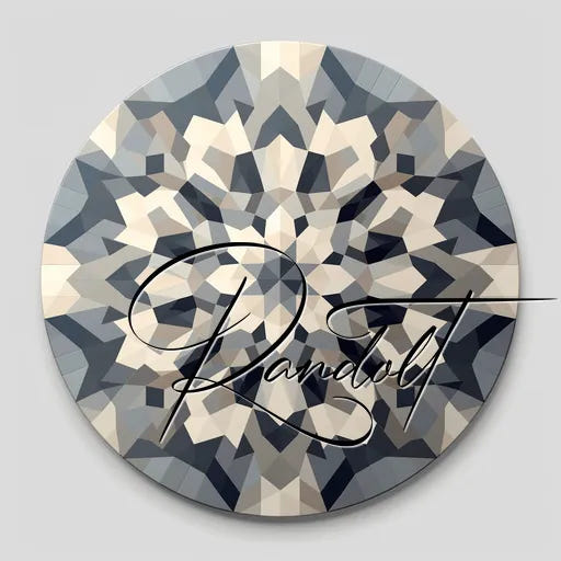 Geometric circular mandala with beige, gray, and black patterns, featuring elegant cursive text overlay.