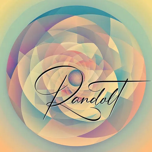 Colorful geometric spiral with overlapping translucent shapes and cursive word 'Randolt' in the center.