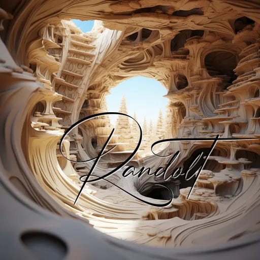 Surreal spiral cave with intricate patterns and light streaming in; "Randolit" written across the image.