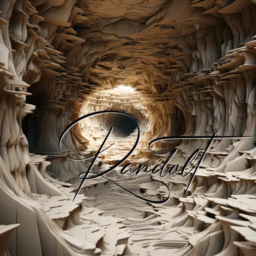 Abstract cave-like structure with layered walls and light tunnel effect; text 'Randwilt' overlayed.