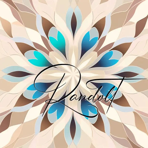 Abstract floral pattern with beige, brown, and blue hues, featuring stylized text "Randvi" across the center.