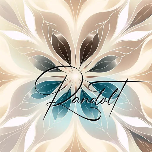 Abstract floral design with beige, brown, and light blue hues, centered around stylized text 'Randolt'.