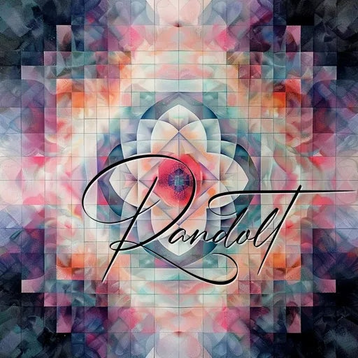 Abstract geometric pattern with pastel colors and swirling petals overlaid by the word 'Randolt' in elegant script.