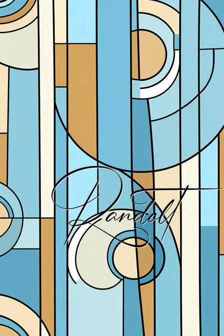 Abstract geometric artwork with blue, beige, and white sections, featuring circles and vertical lines.