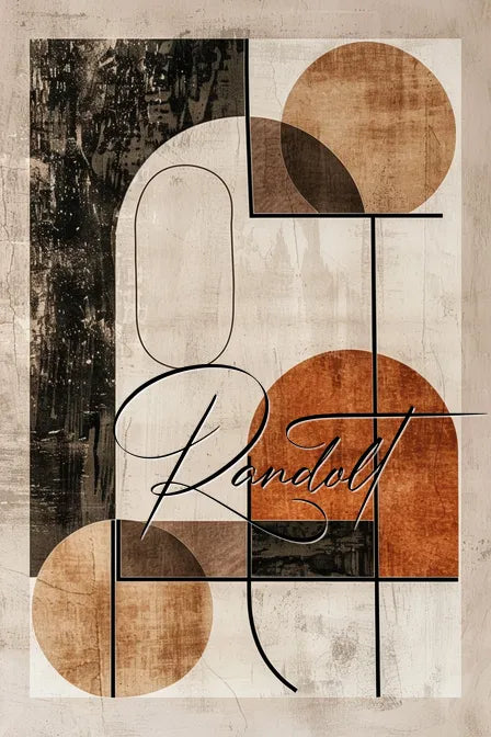 Abstract geometric art with circles and rectangles in brown tones and cursive text overlay on textured background.