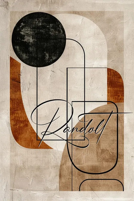 Abstract geometric art with black circle and brown shapes on textured beige background, cursive 'Randolt' text overlay.