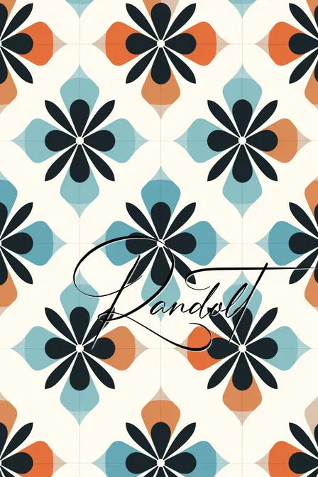 Vintage pattern with abstract floral design in black, teal, and orange on a light background; cursive text overlays.