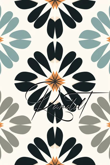 Geometric floral pattern with black, blue, and orange petals on white background, featuring calligraphic text overlay.