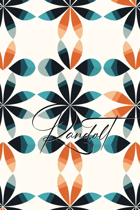 Geometric pattern with floral shapes in teal, orange, and black on a cream background.