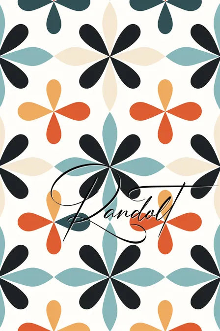 Colorful floral pattern with black, orange, teal flowers and stylized 'Randolt' script in the foreground.