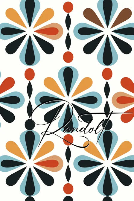 Geometric floral pattern with teal, orange, and black motifs on a white background. Cursive 'Randolt' written across.