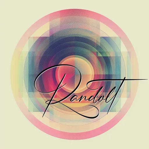 Abstract geometric design with overlapping circles and squares, featuring the word 'Randolt' in elegant script.