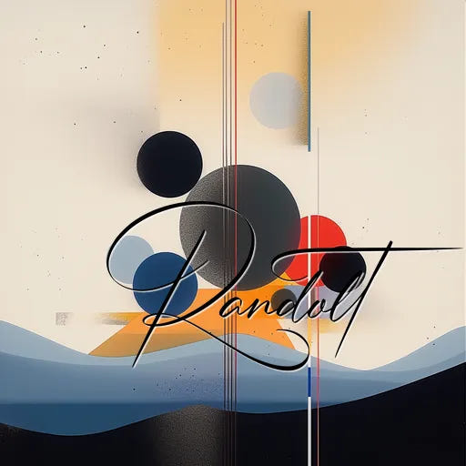 Abstract art with geometric shapes, circles, and waves, featuring muted colors and the word 'Randolt' in cursive.