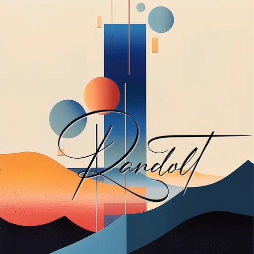 Abstract artwork with geometric shapes and orange, blue, and beige tones, featuring the name 'Randolt' in script.