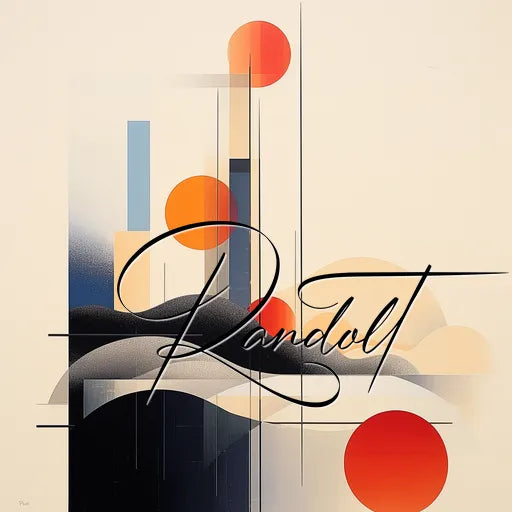 Geometric abstract art with circles, rectangles, and black waves; features bold signature "Randolt" overlaid.