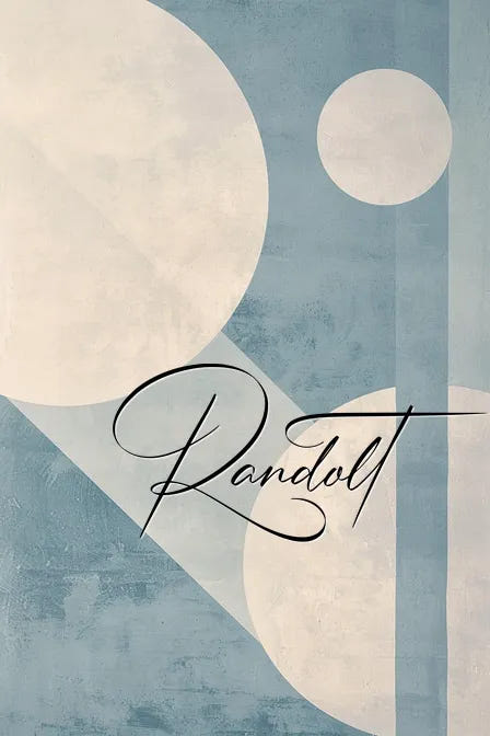 Geometric abstract art with circles and rectangles in blue tones, overlaid with cursive text "Randolt."