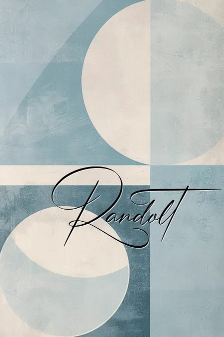 Abstract art with blue geometric shapes and white circles, featuring stylized black script text "Randolt" overlaid.