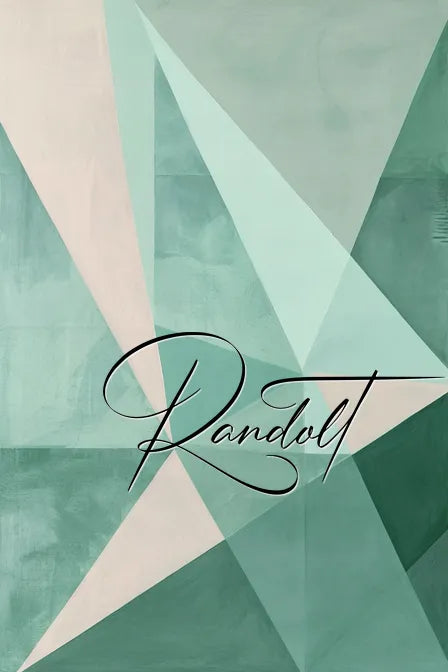 Abstract geometric background with green and beige triangles, featuring a cursive 'Rando' text overlay.