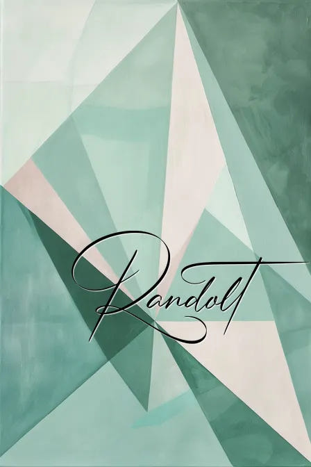 Abstract geometric art with green and beige shapes, overlaid with cursive text reading 'Randolt.'