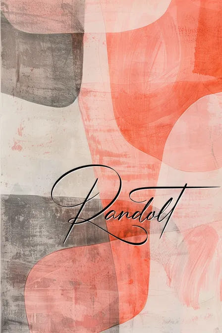 Abstract painting with overlapping orange and gray shapes, with "Randolt" written in elegant script.