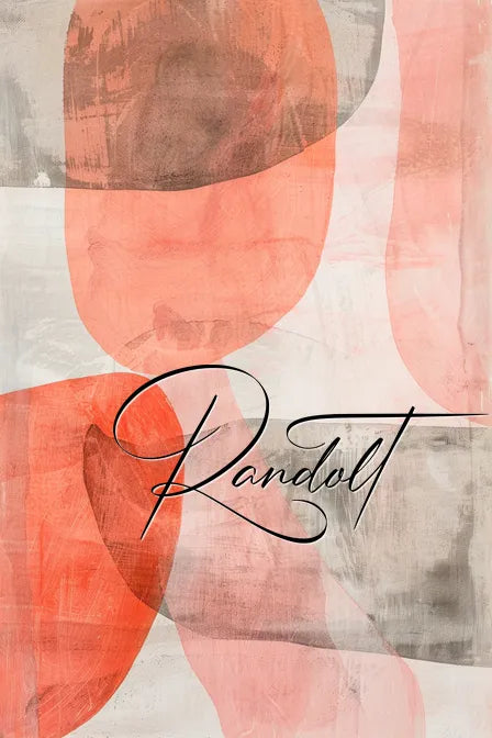 Abstract painting with overlapping pink, gray shapes and cursive "Randolt" text.