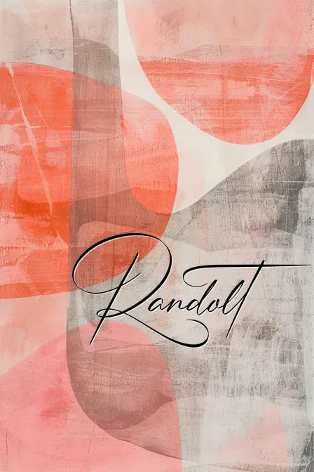 Abstract art with large orange, red, and gray geometric shapes and the word 'Randolt' in stylish script.