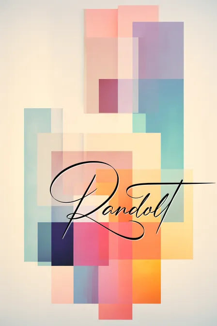 Geometric abstract art with overlapping pastel squares and rectangles, featuring the word 'Randolt' in script.