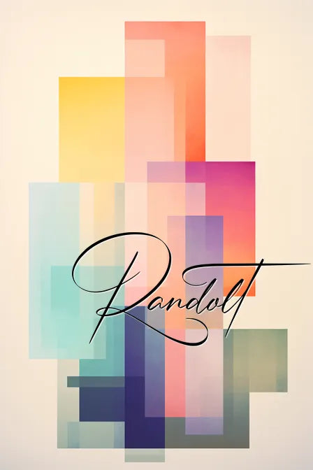 Abstract art with overlapping pastel rectangles in orange, blue, and pink, with the word 'Randolt' in cursive.