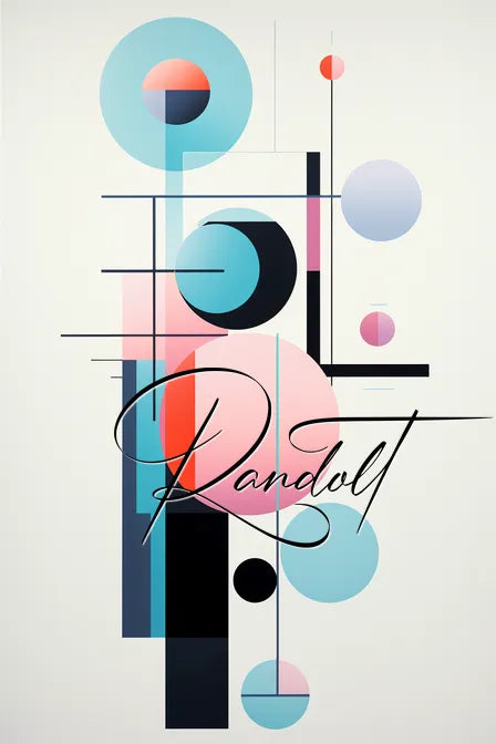 Abstract geometric art with circles and rectangles in blue, pink, and black, featuring cursive script text.