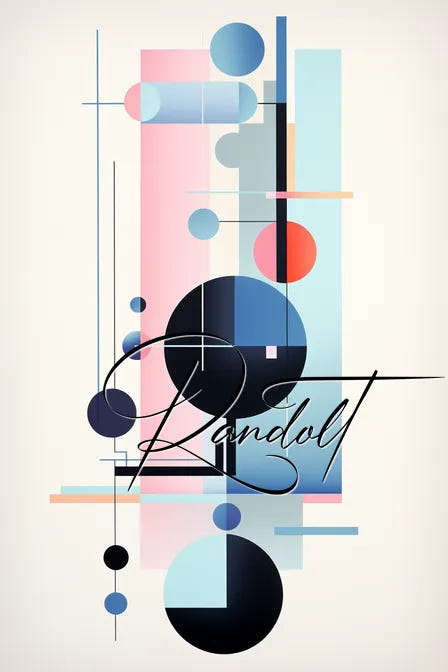 Geometric abstract art with circles, lines, and text "Randolt" in soft blue, pink, and black.