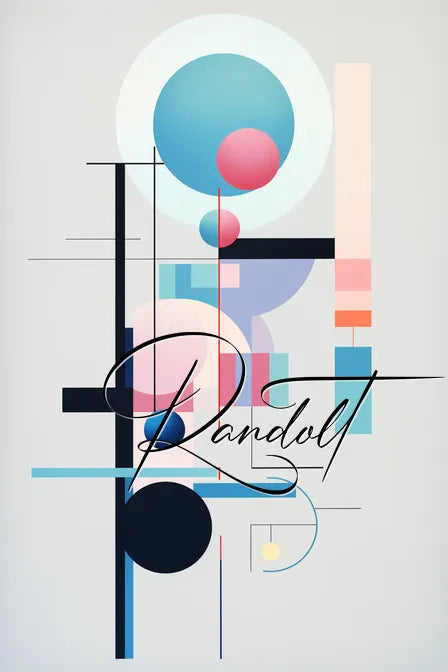 Geometric abstract art with circles and lines in pastel colors, featuring stylized cursive text overlay.