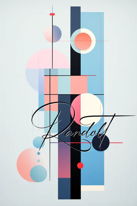 Abstract geometric pattern with circles and rectangles in pastel colors on a light background with "Randot" text overlay.