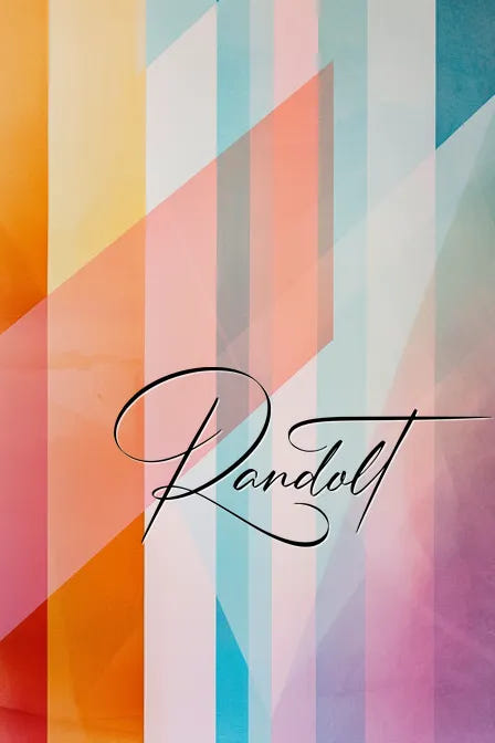 Colorful geometric background with diagonal stripes, featuring the word 'Randolt' in elegant script.