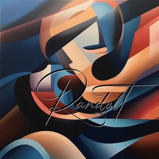 Abstract geometric painting with curved lines and vibrant colors, featuring a large stylized signature in the center.