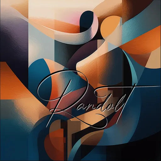 Abstract painting with flowing shapes and warm hues, featuring a stylized signature in the center.