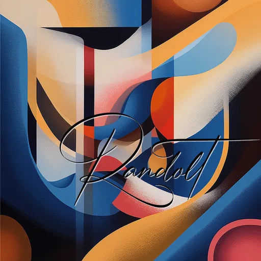 Abstract geometric painting in blue, orange, and red with signature overlay at center.