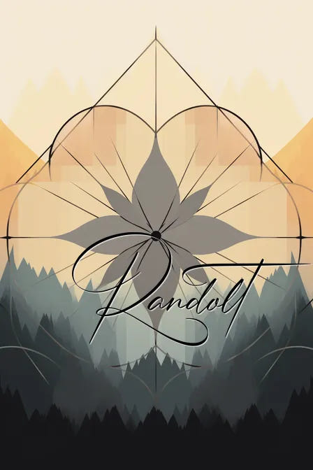 Abstract geometric design with floral motif and mountainous background, text "Randoll" overlaid in cursive.