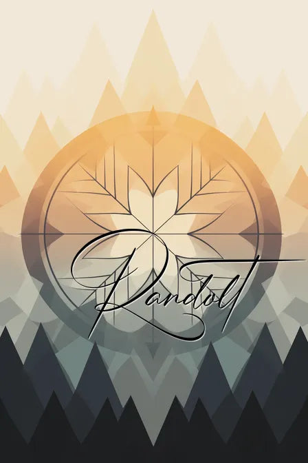 Geometric abstract art with mountain shapes and a central circular leaf design, overlaid with cursive text 'Randolt.'