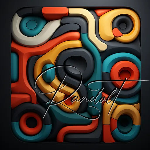 Abstract 3D sculpture with colorful interlocking shapes in black, orange, teal, and red tones.