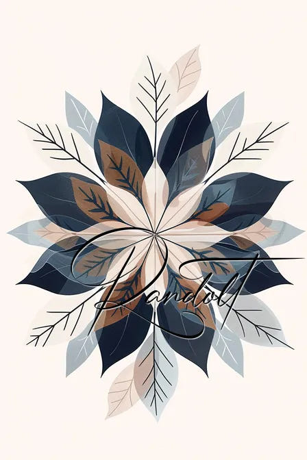 Abstract floral design with layered blue and brown leaves on a light background, featuring cursive script overlay.