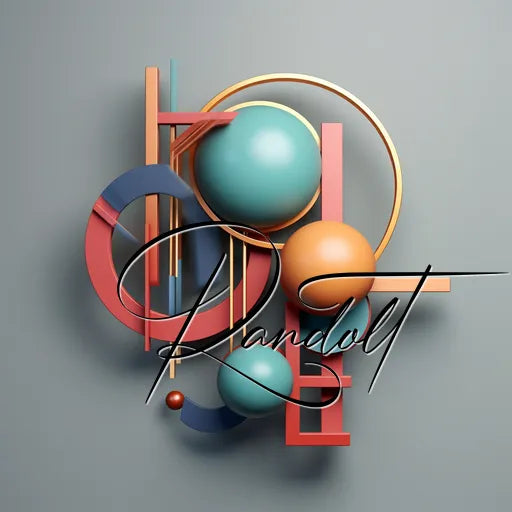 Abstract geometric composition with circular and linear shapes in muted colors, featuring calligraphic text overlay.