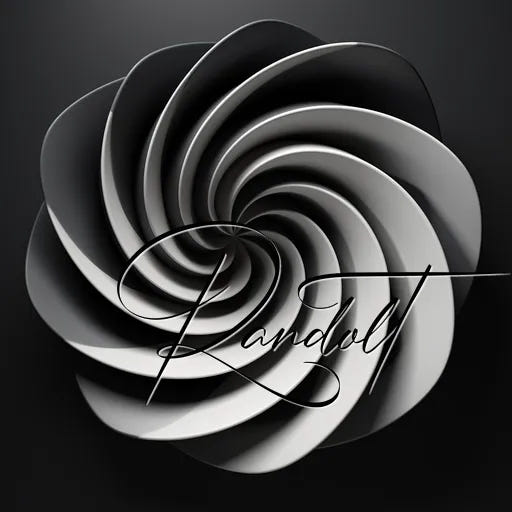 Monochrome abstract spiral design with elegant script text overlay on a dark background.