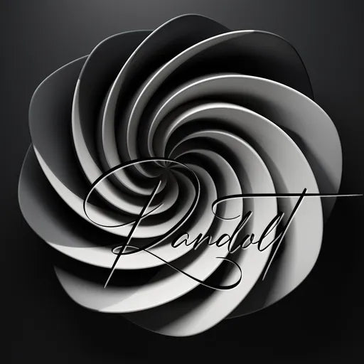 Monochrome abstract spiral design with elegant script text overlay on a dark background.