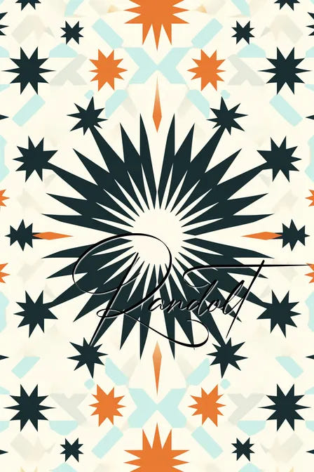 Geometric pattern with orange, blue, and black star shapes on a light background.