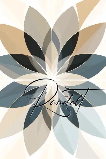 Abstract flower design with overlapping petals in beige, gray, and blue hues, overlayed with elegant cursive text.