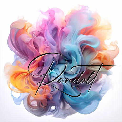 Colorful abstract painting with swirls of pink, blue, orange, and purple, overlaid with the word "Randolt" in cursive.