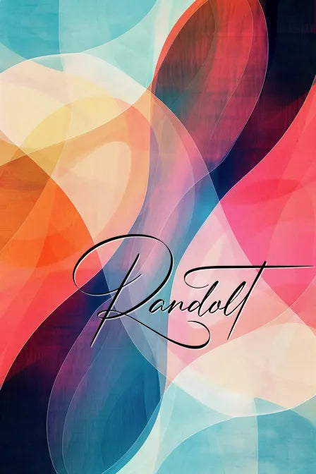 Abstract artwork with overlapping colorful swirls in orange, blue, and pink hues, featuring the word 'Randolt'.