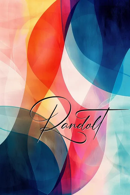 Abstract painting with colorful overlapping curved shapes and "Randol" in elegant script.