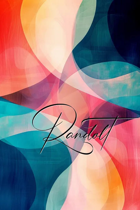 Colorful abstract painting with overlapping transparent shapes and bold lettering in the center.